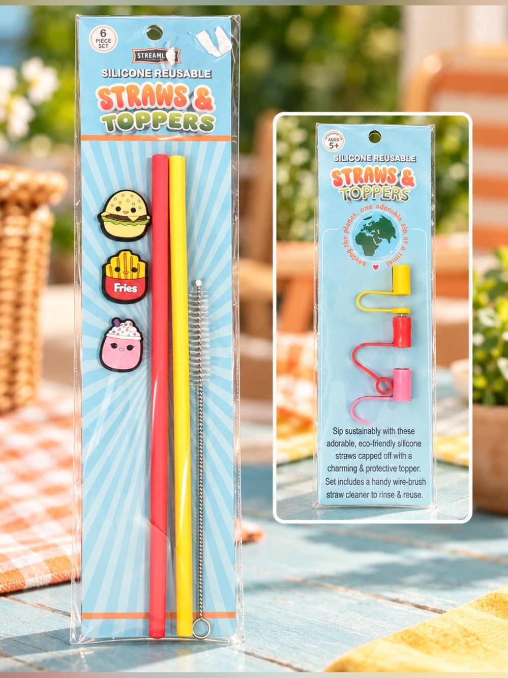 Set of silicone reusable straws and toppers in red and yellow